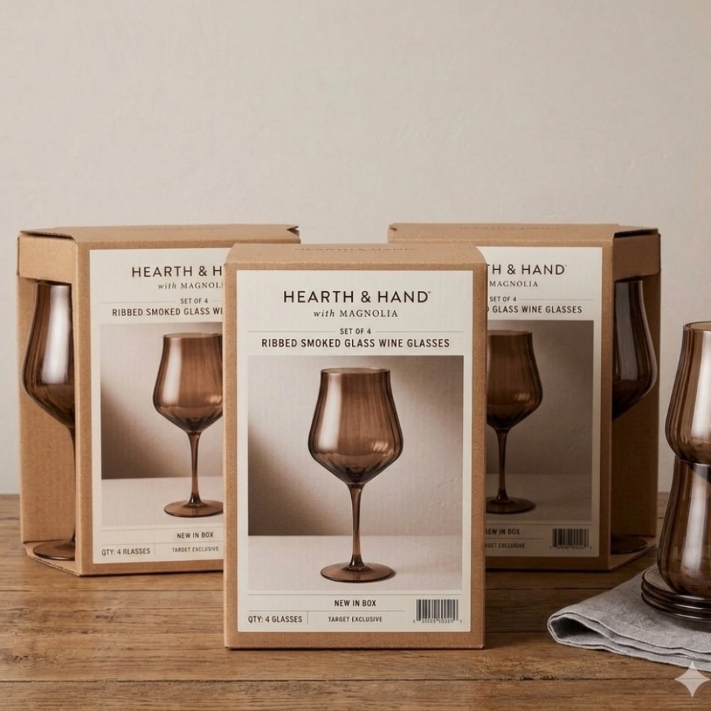 8 Hearth & Hand Smoked Glass Goblet Glasses New In Box